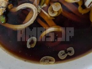 一由そば 東京都荒川区 温 太蕎麦 並盛 紅ショウガ（半分） ちくわ（半分） とり天 黒い汁