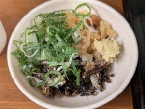 いぶきうどん 吉祥寺店 東京都武蔵野市 とり天ちくわ天かけ フリートッピング ネギ 揚げ玉 おろしショウガ いぶきうどん名物 揚げいりこ